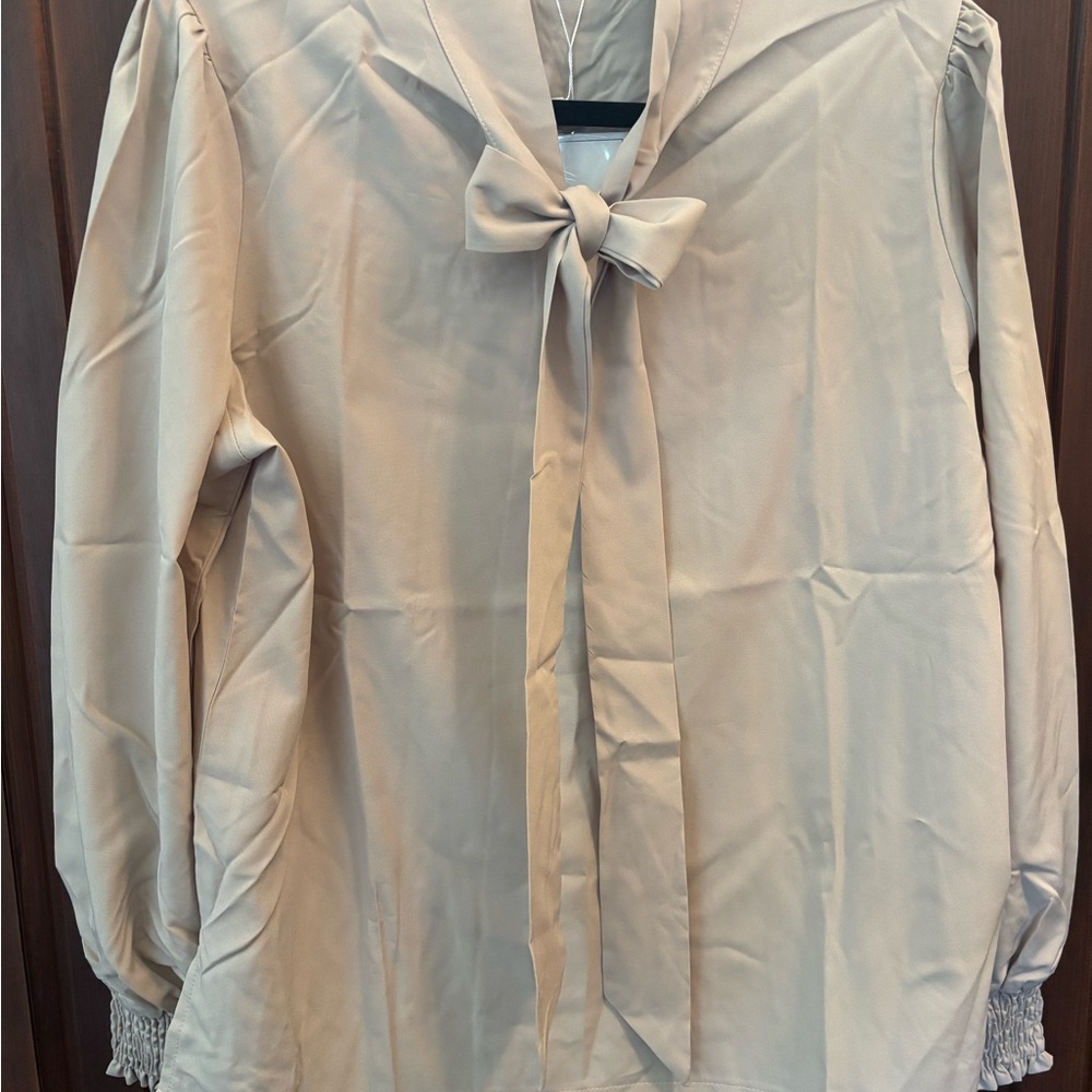 Cream Long Sleeve Blouse with Sailor Collar and Tie Front
